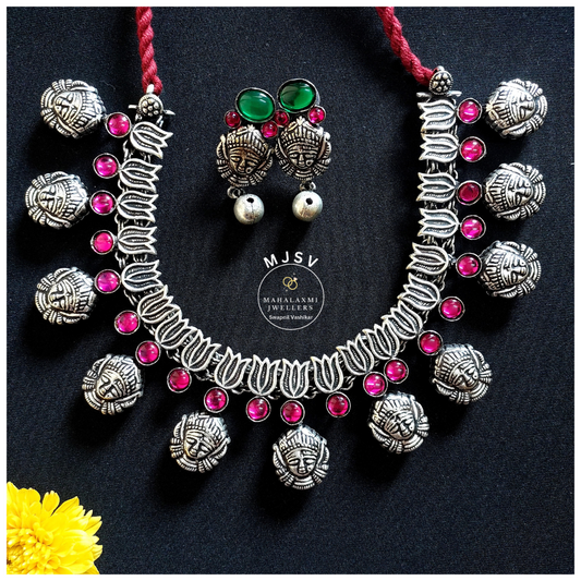 Silver Coated Laxmi stone necklace set